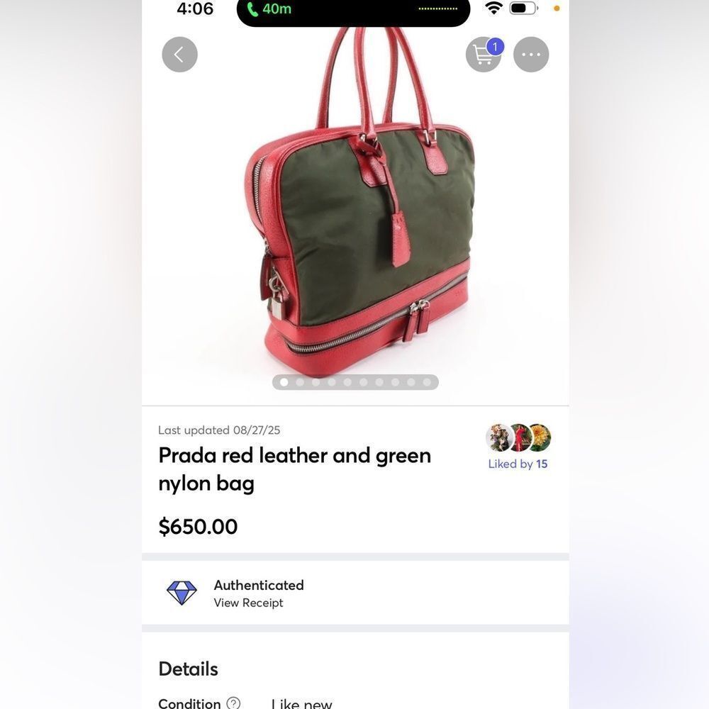 Auth Prada red leather and green nylon hand bag - Picture 13 of 16
